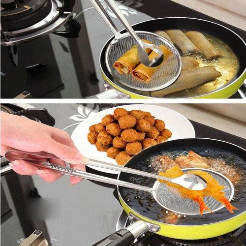 Fry Tool Filter Spoon Strainer With Clip Oil Frying BBQ Filter Stainless Steel Mesh Strainer Kitchen Tool Frying Mesh Colander Quick Strain Stainless Steel Tong Colander