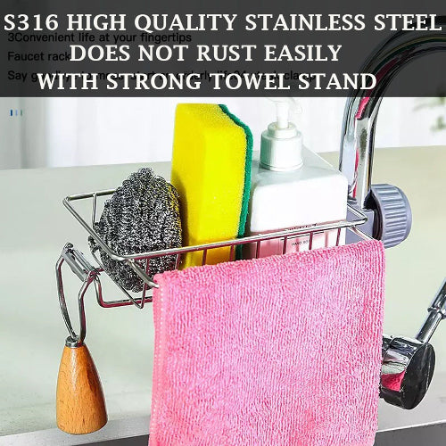 Kitchen Stainless Steel Sink Drain Rack Sponge Holder Stainless Steel Faucet Storage Rack Adhesive Sink Caddy Organizer for Brush Towel Shower Soap Dish for Bathroom Kitchen Hanging Storage Accessories