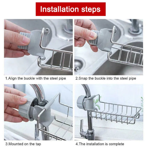 Kitchen Stainless Steel Sink Drain Rack Sponge Holder Stainless Steel Faucet Storage Rack Adhesive Sink Caddy Organizer for Brush Towel Shower Soap Dish for Bathroom Kitchen Hanging Storage Accessories